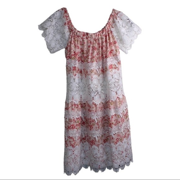 For Love and Lemons Mini Dress Off Shoulder Tiered Lace Floral Pattern Small - Picture 3 of 9